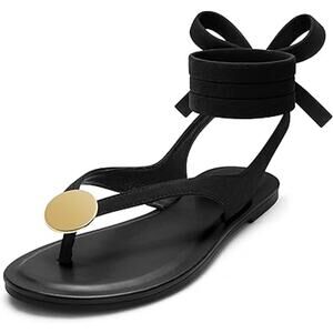 Carcuume Womens Size 8 Black Faux Suede Flat Sandals Strappy Tie Flip Flop Shoes